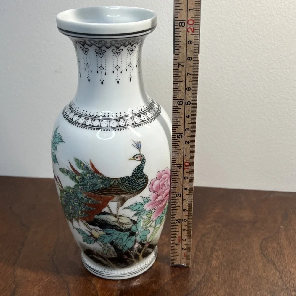 Vintage Jingdezhen Porcelain Vase Peacock Peony Flower Poem Export 8